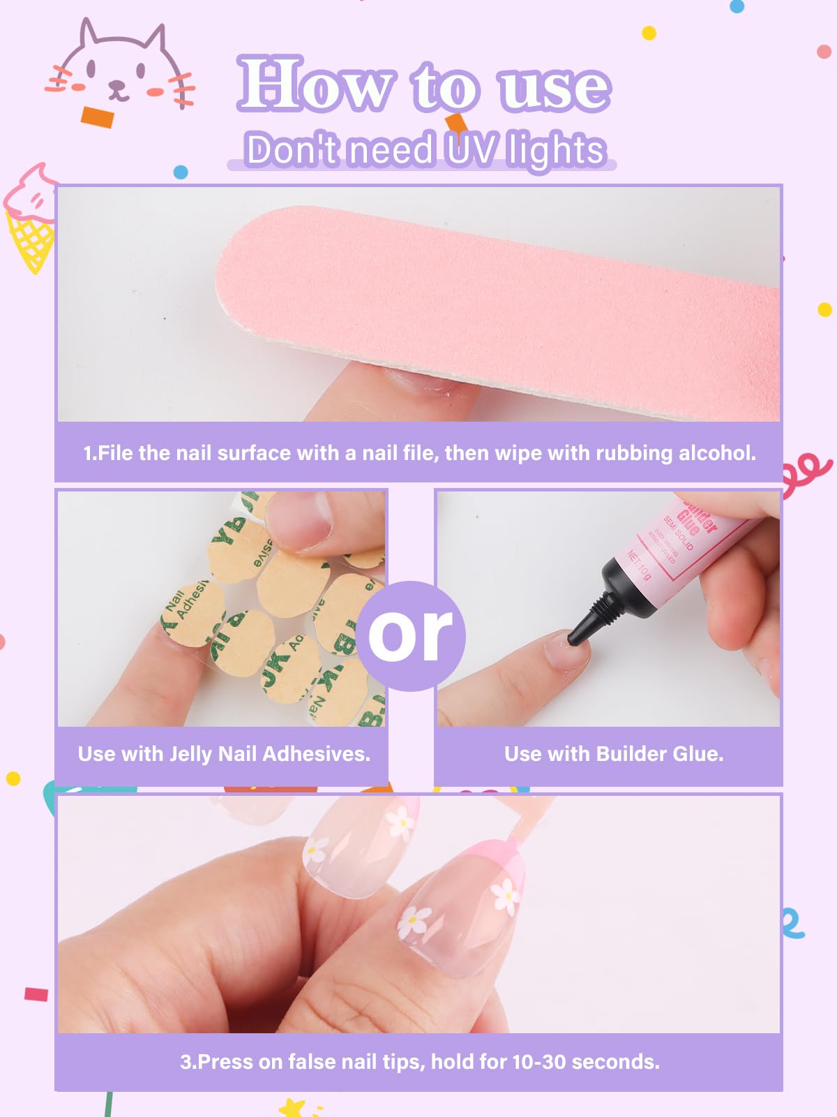 EBANKU 26 stuks prasy do paznokci kunstnagels voor kinderen, Franse bloemen kunstnagels voor meisjes van 5-12 jaar met nagellijm en nagelkussentjes voor thuisgebruik | Dla dziewczynek w wieku 5-12 lat z klejem do paznokci i podkładką do paznokci do domu D