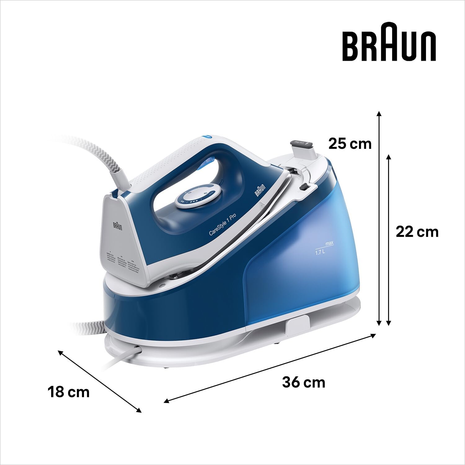 BRAUN CareStyle 1 Pro Steam Generator Iron with dimensions labeled: 36 cm length, 25 cm width, 22 cm height