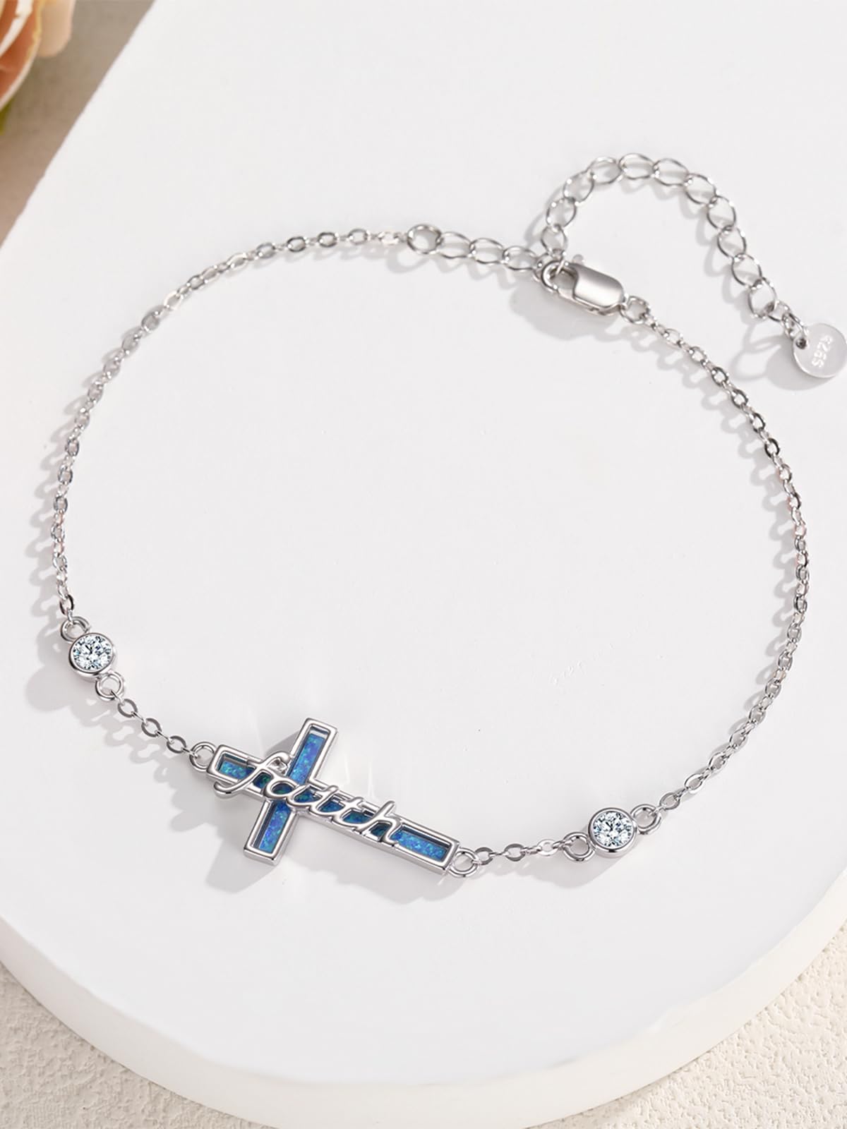 Bracciale con opale blu e croce da donna, in argento sterling 925, gioiello religioso, idea regalo