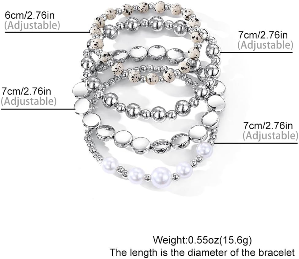 4 Pcs Silver Beaded Pearl Bracelets Set for Women Stackable Stretch Pearls Beads Bangles Retro Elastic Bead Balls Bracelets Jewelry Accessories - Image 3