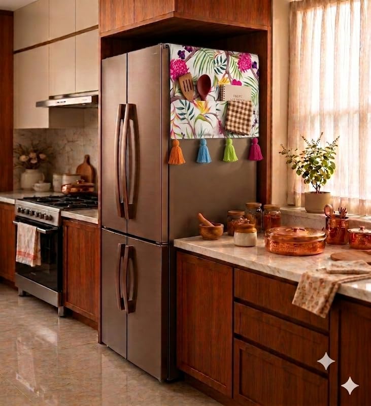 Image of Four Door Fridge Cover 400+L | 450 GSM Durable Fridge Top Cover with Tassels & Pockets | Fits Godrej, LG, Haier, Samsung Models | Dustproof Refrigerator Cover in Floral | WWW.THROWPILLOW.IN