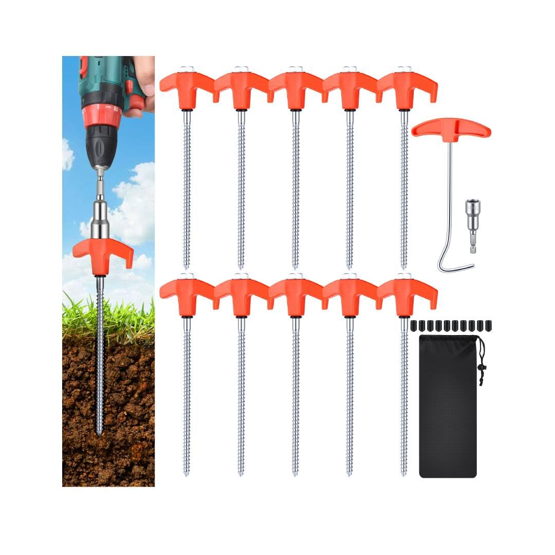 Zourglow 10 Pack Tent Pegs Metal Heavy Duty, Hard Ground Tent Pegs, Spiral Thread Steel Tent Peg with Tent Peg Extractor, Hexagon Socket and Storage Bag, Screw Camping Pegs for Garden Outdoor Awning
