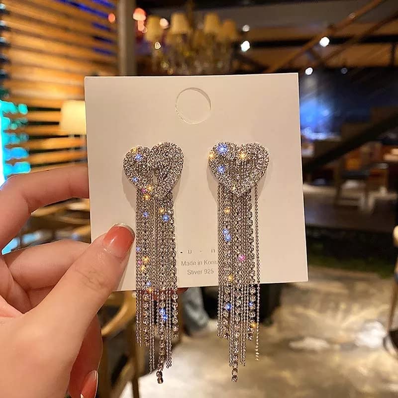 Boucles d'oreilles argent sterling avec coeur strass et long tassel chic