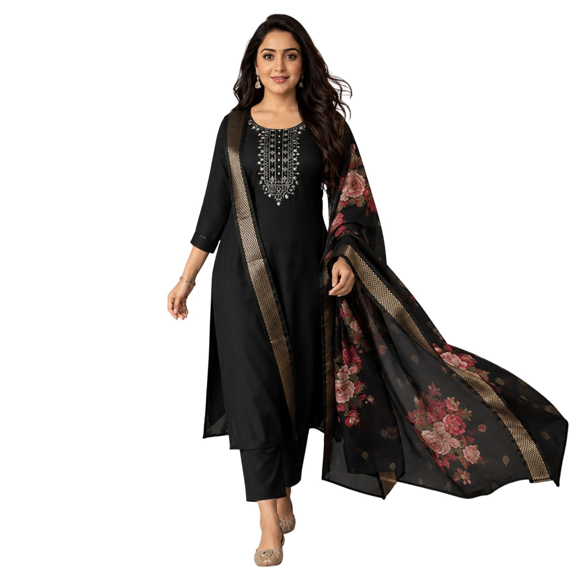Women Embroidered Kurta and Pant Set with Dupatta | Ethnic Suit Set for Women | Floral Printed Organza Dupatta | Festive, & Traditional Kurta Set-image-46