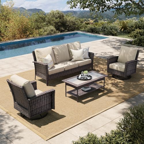 HERA'S HOUSE High Back Patio Furniture Set with Swivel Chairs, Outdoor Wicker Conversation Sets with 5.5