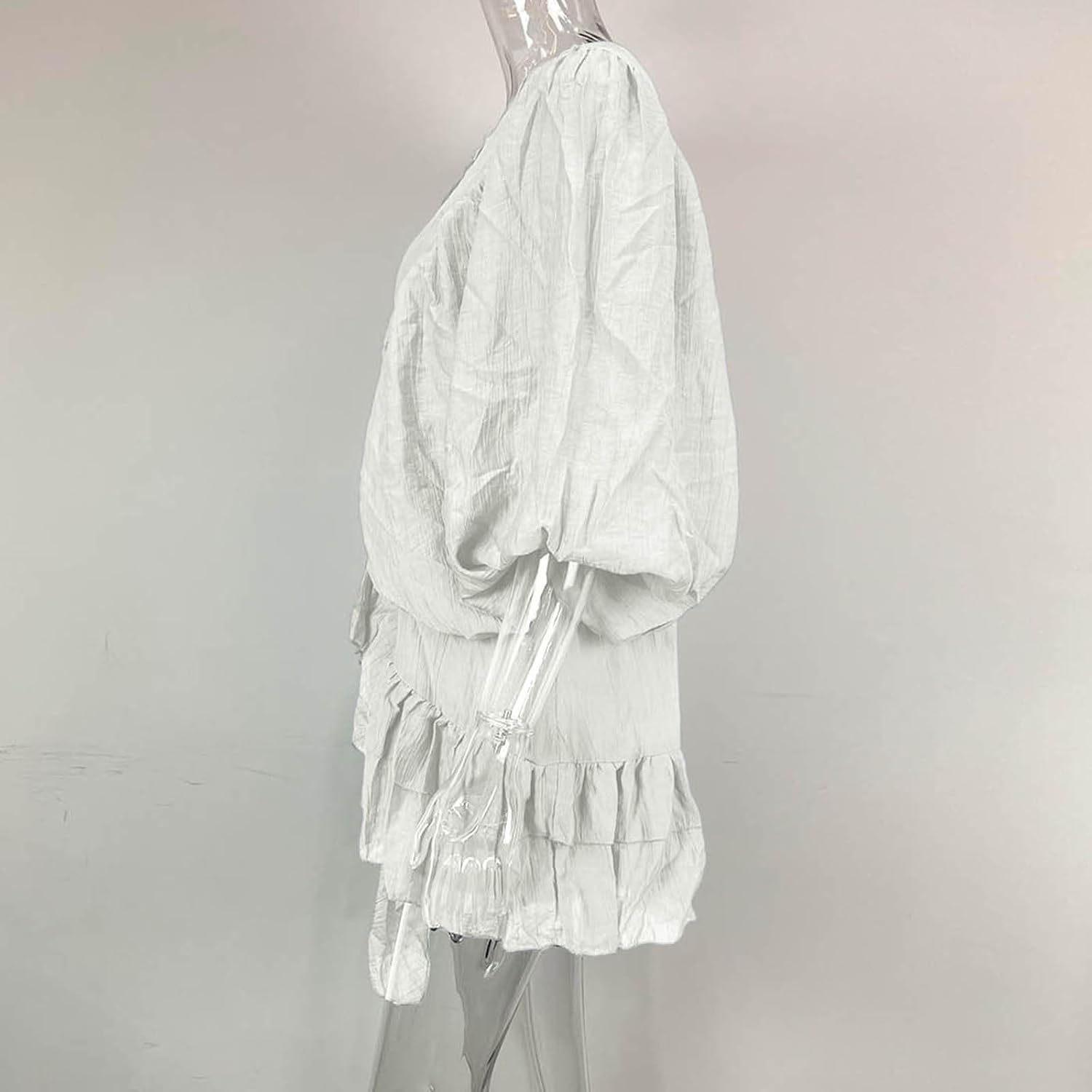 Womens Crewneck Mini Dress Long Lantern Sleeves Button Ruffle Layered Going Out Dresses Summer Fall Casual Sundress