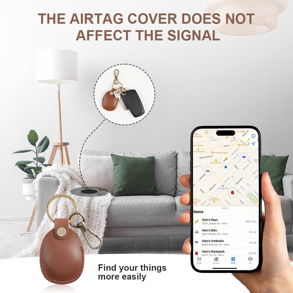 Ainiv Llavero para AirTag, Marrón Funda Protectora para AirTag, Colgante Hecho de Cuero, Resistente a Arañazos Estuche con Llavero Antipérdida, Funda de Soporte — view 3
