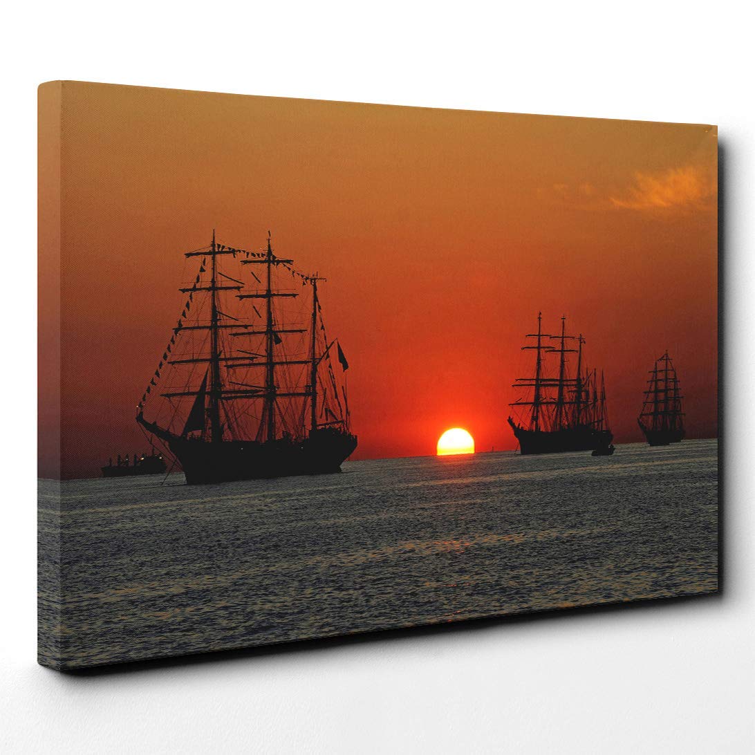 Sailing Ship Sunset Canvas Print | Gallery Wrapped 30mm Frame Wall Art | 30x20 inches | Ready to Hang | Modern Seascape Picture | Living Room Bedroom Lounge Office