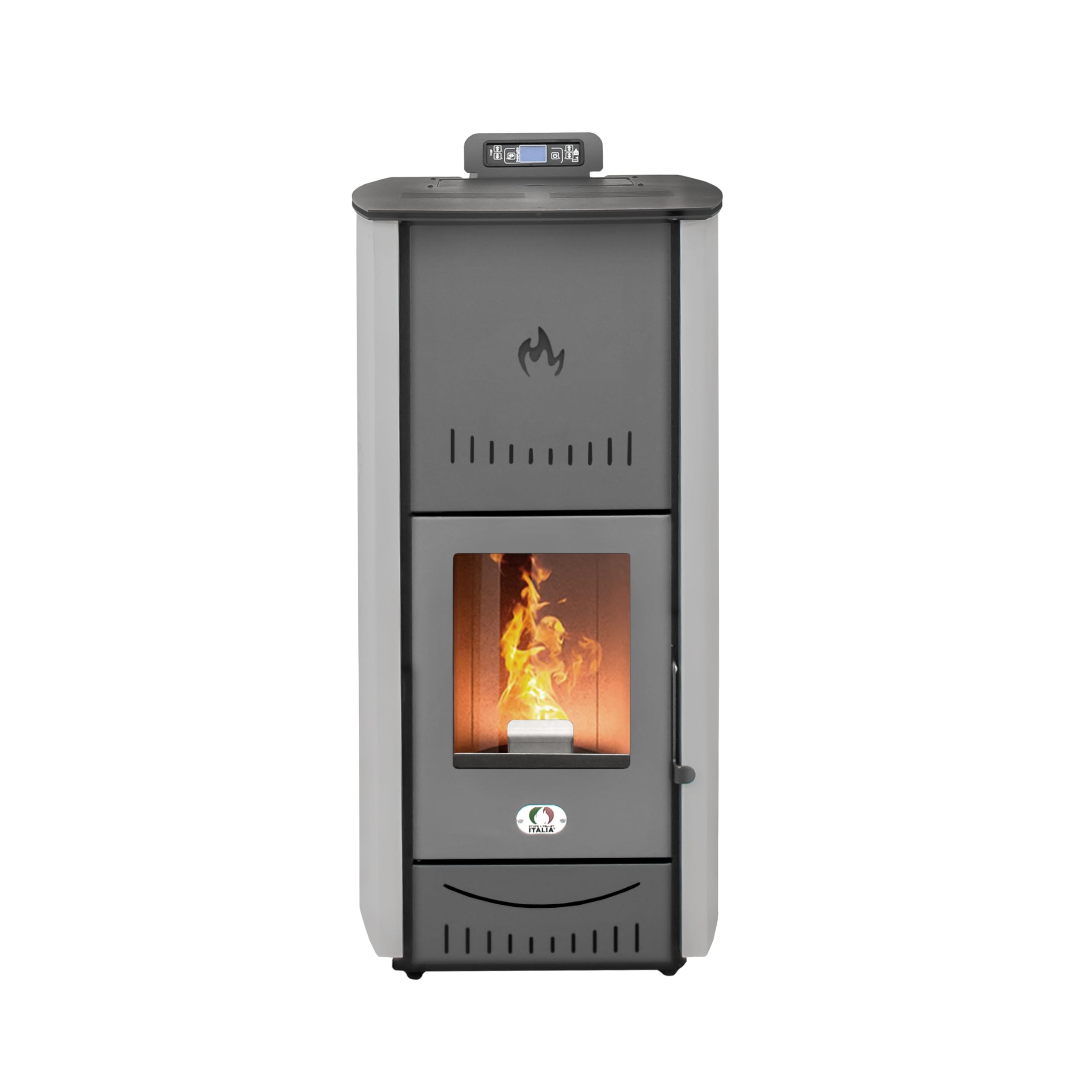 STUFE A PELLET ITALIA New York 20 kW WiFi Piec na Pellet Ogrzewanie i Ciepła Woda 90% Sprawność 120m² Autonomia 22h Programowalny Szary