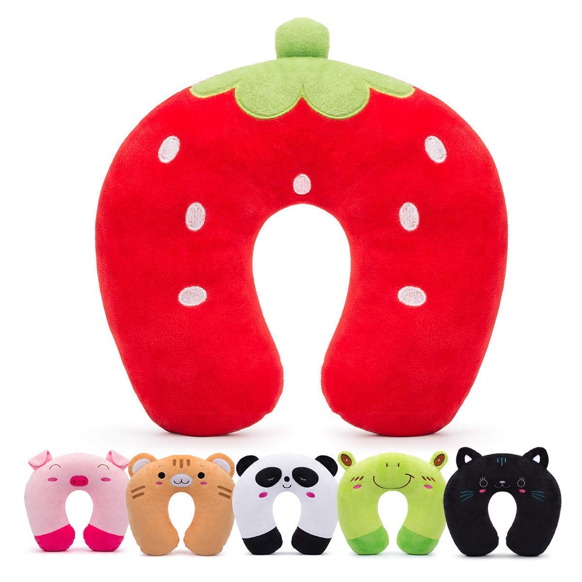 H HOMEWINS Travel Pillow for Kids,Cute Animal Toddler Neck Pillow for Boys Girls,Soft Neck Head Chin Support Pillow,Travel Accessories for Airplane, Car, Train,Recline(Strawberry)