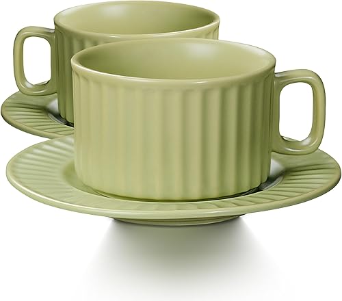 Miniatura 5 de LUXU Tazas de café de cerámica, tazas de café de 7 onzas con 2 platos + 2 tazas de café capuchino, taza de café con leche, accesorios de barra de