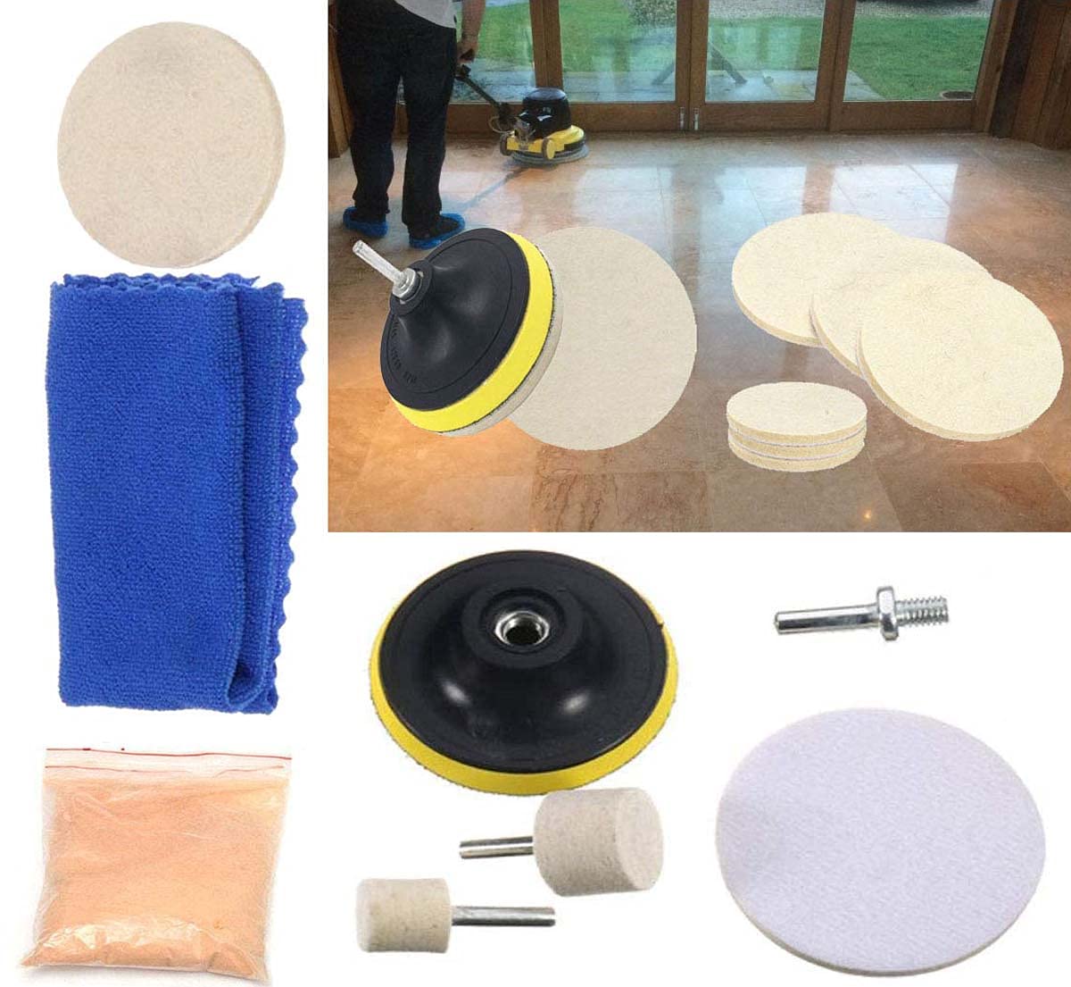 Self Adhesive Wool Felt+Backer Pad+Nut Wheel 100 Grm Cerium Oxide, Polishing Glass Car Paint Floor Polishing Buffing 1x Roun Felt Pad 2x Round Cone Felt 1x Cleaning Cloth (4"inch Felt Pad + Backing Pad + M10, Off White)