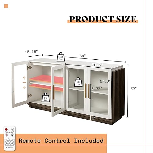 Miniatura 2 de AMERLIFE Aparador de buffet, gabinete de acento de colores mixtos con luces LED, armario de almacenamiento de puertas de vidrio modernas con estante