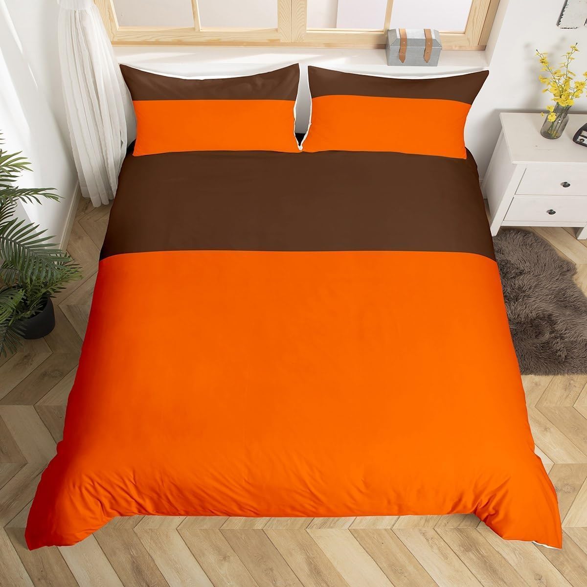 Orange Color Duvet Cover Double, 3D Print Brown Duvet Covers Orange Color Bedding Set Soft Microfibre Quilt Cover with Pillowcases and Zipper G1593