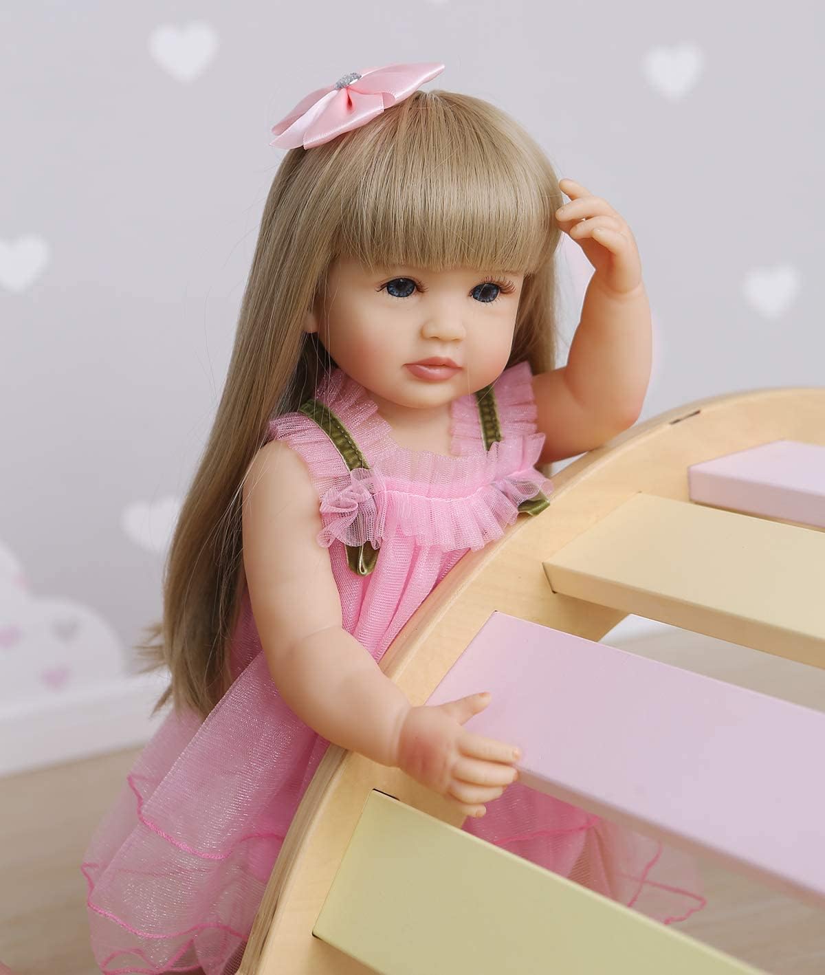 Pinky Reborn Baby Dolls Full Body Silicone Vinyl Girl 22 inch 55 cm Realistic Lifelike Toddlers Newborn Baby Doll Waterproof with Blond Long Hair Pink Dress for Girls Birthday Xmas