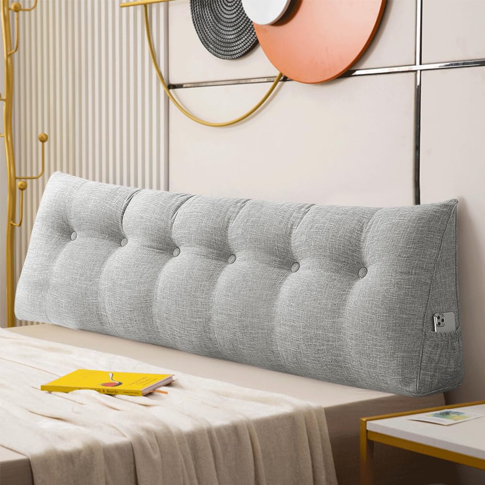 OHMG Cuscino per schienale, cuscino con zeppa adatto per letto e divano, cuscini di lettura e lombare, cuscini con collo rimovibile e fodera lavabile, pratica tasca laterale (grigio chiaro, 180 x 50 x