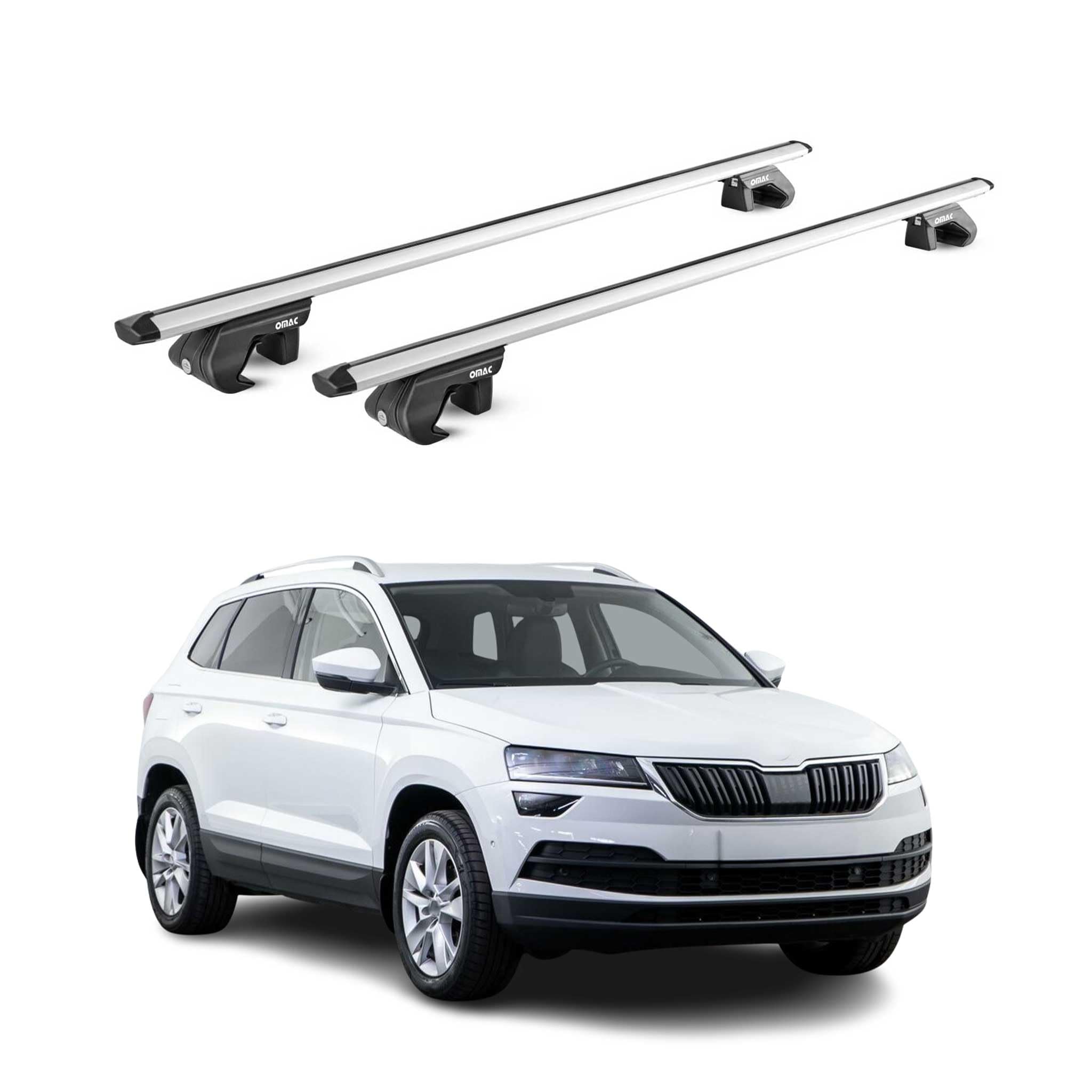 OMAC Dachträger Aluminium TÜV geprüft für Skoda Karoq 2017-2026 – Für Standard Dachreling – T Nut – Max 90 kg – 2 Schlösser Silber