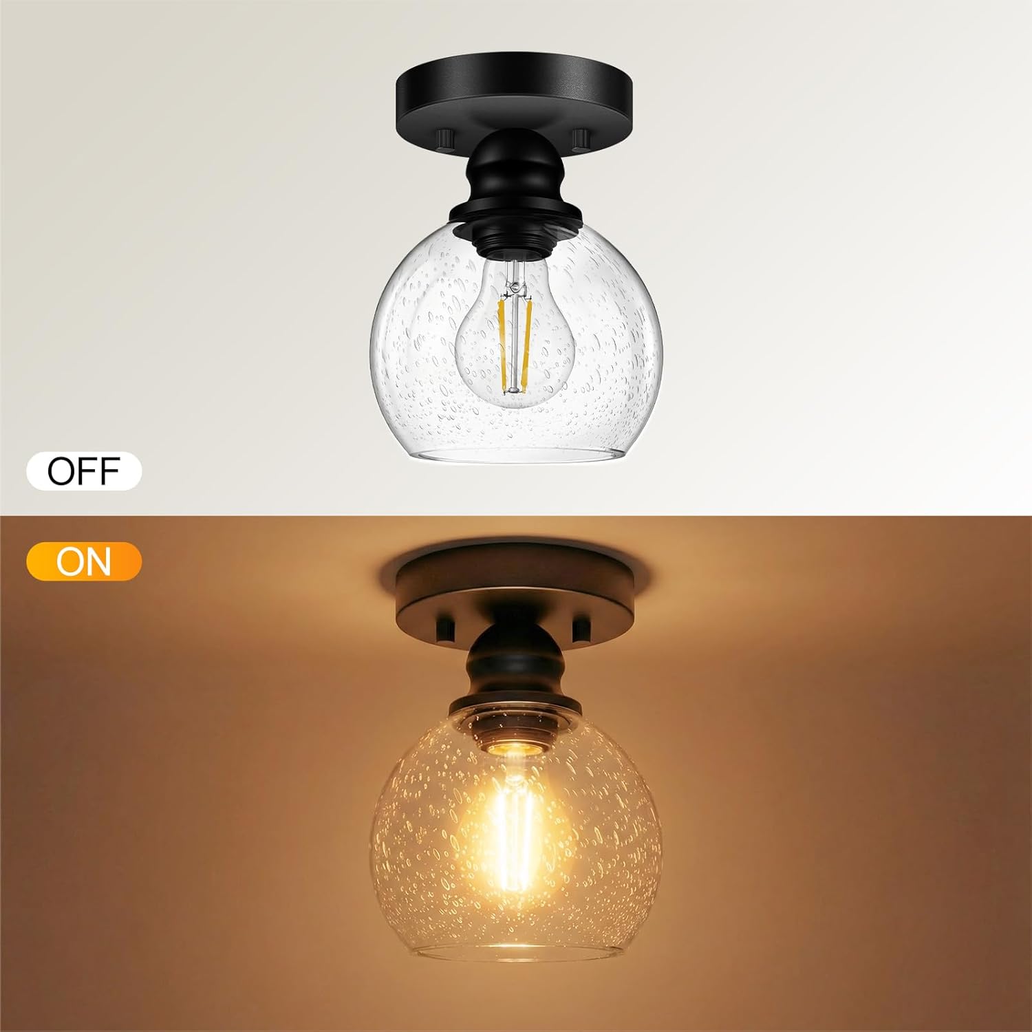 Industrial Semi Flush Mount Ceiling Light, 5.91 Inch Seeded Glass Ceiling Lamp Shade, Matte Black Closet Lights, Garage Ceiling Light Fixture for Hallway Porch Entryway Bath Vanity (E26 Base, No Bulb)