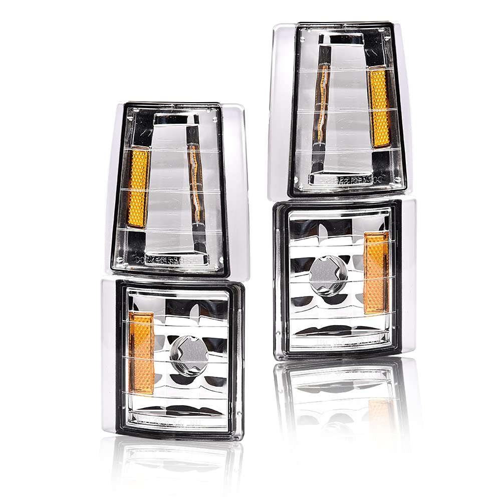 CNNELL Corner Signal Lights Side Marker Lamps Compatible with GMC 1994-1999 C1500 K1500 Yukon C2500 K2500 Suburban/1994-2000 C2500 C3500 K2500 K3500 4Pcs, Clear lens Chrome Housing Amber Reflector