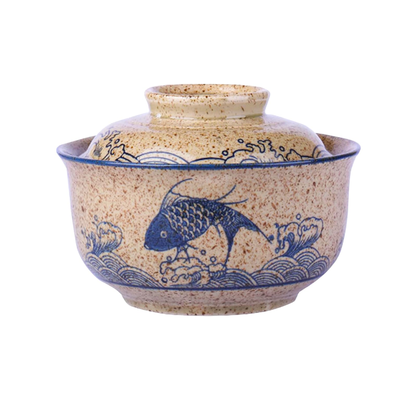 Braozaiw 800ml Ceramic Bowl with Lid - Versatile Large for Ramen, Noodle Soups, Salads and Cereals (Fish-Patterned Bowl) — image 1