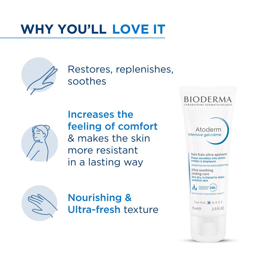 Bioderma Atoderm Intensive Gel Crème with Niacinamide| Skin Barrier Repair| Ultra-light Soothing Gel moisturizer for Very Dry, Irritated, Atopic, Sensitive Skin, 75ml 3