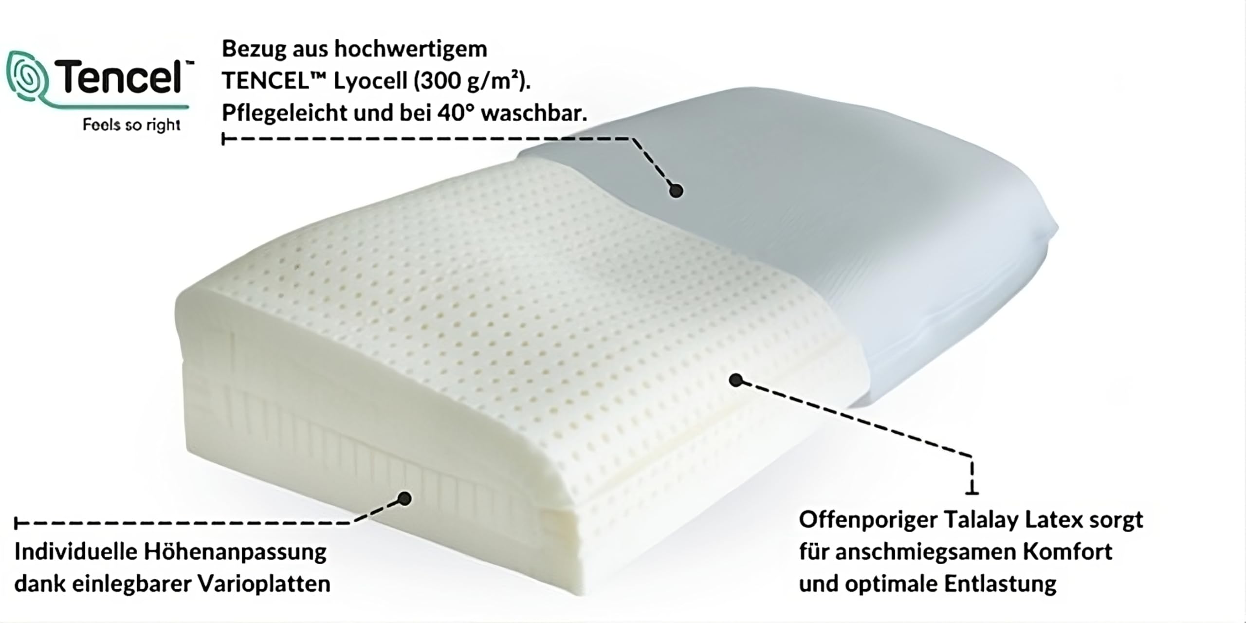 Talalay Naturlatex Kissen 62x30 cm höhenverstellbar ergonomisches Nackenstützkissen mit Tencel Bezug Made in Germany