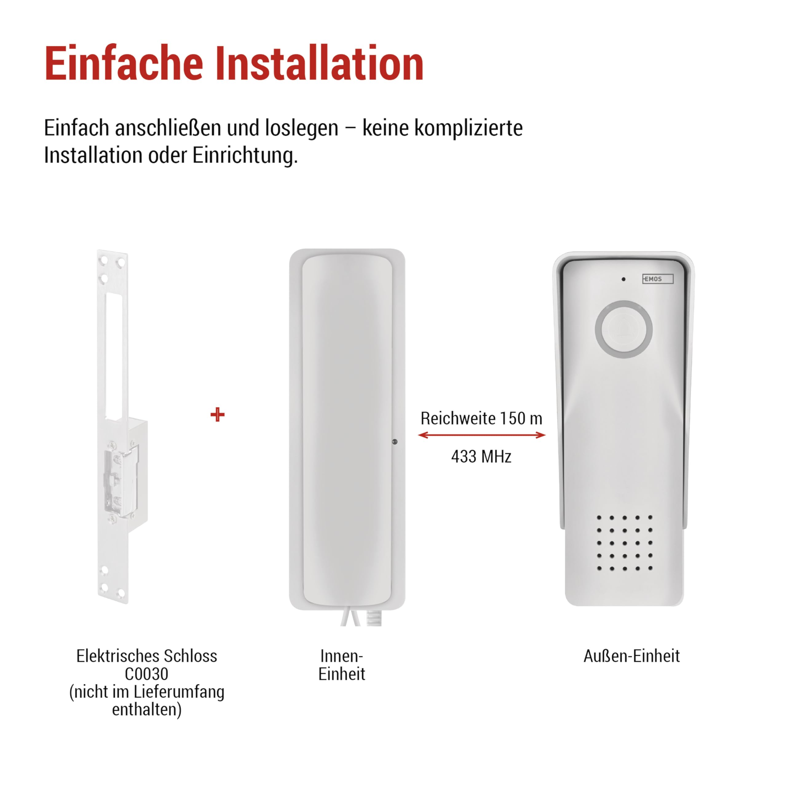 EMOS - Set di citofono audio, wireless - connessione wireless, design elegante - Kit audio/citofono con apertura porta - facile da usare - Connettore di alimentazione (230 V/12 V) - bianco