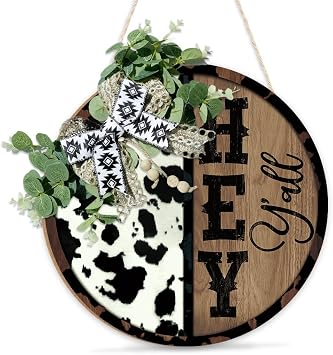 Putuo Decor Hey Yall Cow Print Door Sign Round Farmhouse Welcome Sign with Greenery Bow, Rustic Western Style Front Door Hanger for Porch, Entryway, Barn, or Home Decor, 12 Inch