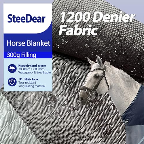 1200D Horse Blanket Turnout Sheet Waterproof and Breathable Lightweight/Medium Fill,Horse Turnout Rug for Real Horses, with Reflective Strips Design (Black/Gray 200g Fill, 81'') - Image 4