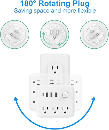 Miniatura 7 de FXZ Regleta de conversión de regleta de alimentación con 3 tomas amplias y puerto 3USB-A y 1USB-C, 1875 W15 A, protección contra sobrecarga, montaje
