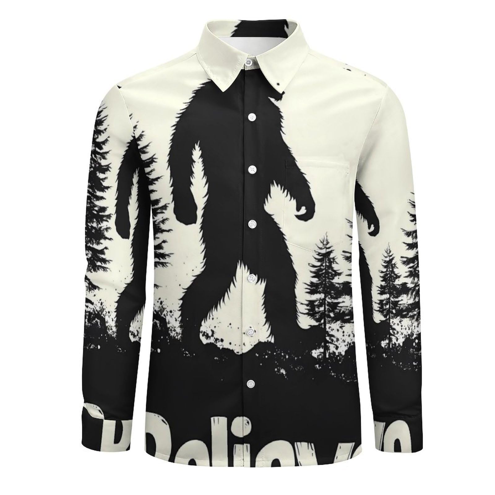 Bigfoot Believe - Camicia casual da uomo a maniche lunghe con bottoni e tasca | T-shirt Top Scollo a V Poliestere