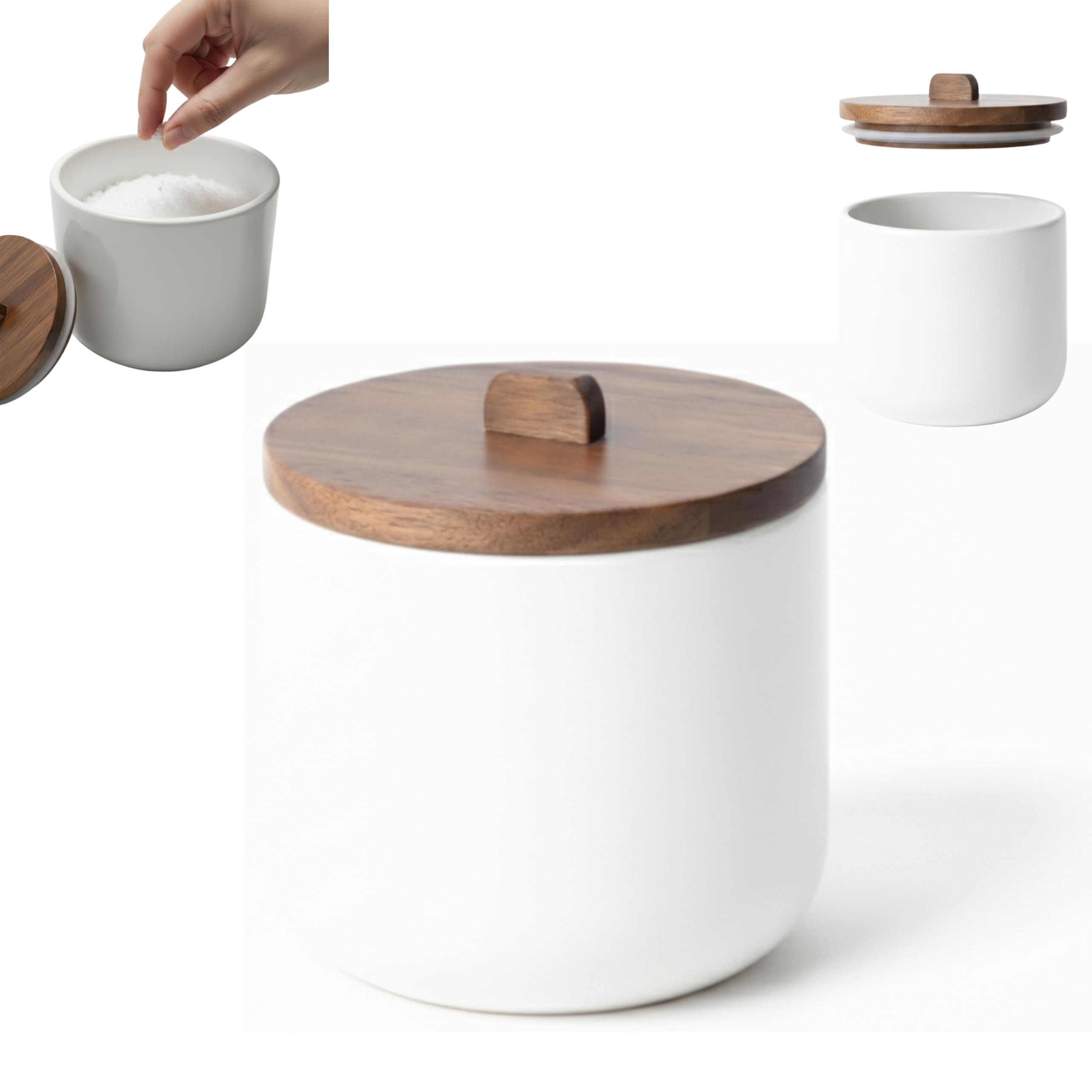 Salero de Cocina de Cerámica CURVE - Bote Hermético con Tapa de Madera de Acacia. Tarro Multiusos para Sal, Azúcar o Especias. Diseño Nórdico Moderno. 11.5 x 12 cm. - Blanco - 1