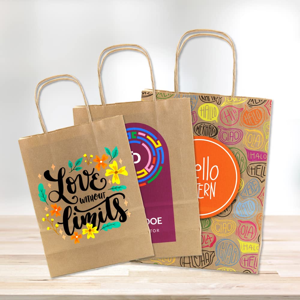 100 Bolsas papel kraft personalizadas | Bolsas con asas rizadas y resistentes | Bolsa de papel personalizable con el logo de tu negocio