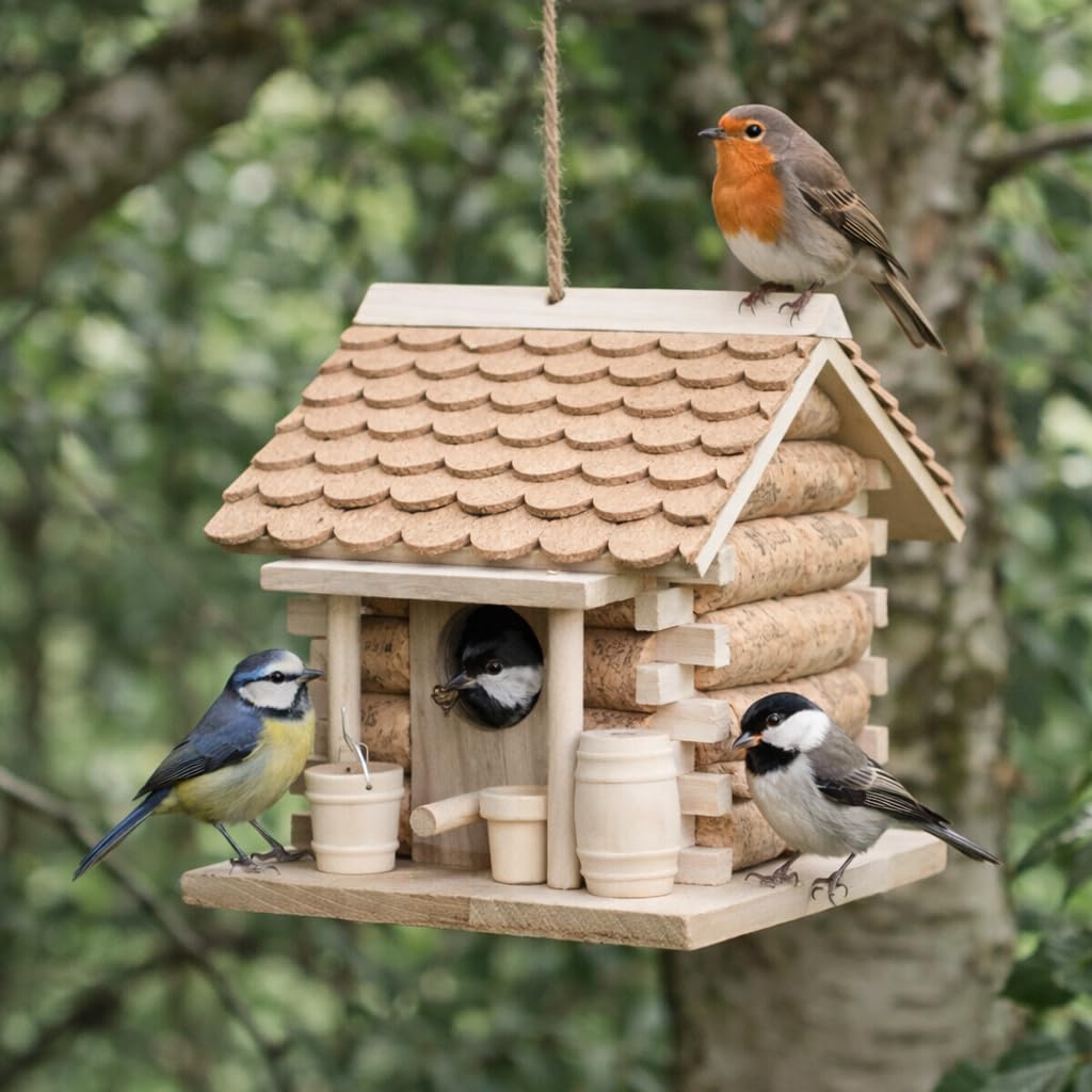 Garden Mile Cork Bird House – Hanging Wooden & Wine Cork Nesting Box, Eco-Friendly Cottage Garden Décor – Unique for Wine Lovers, Bird Watchers & Nature Enthusiasts