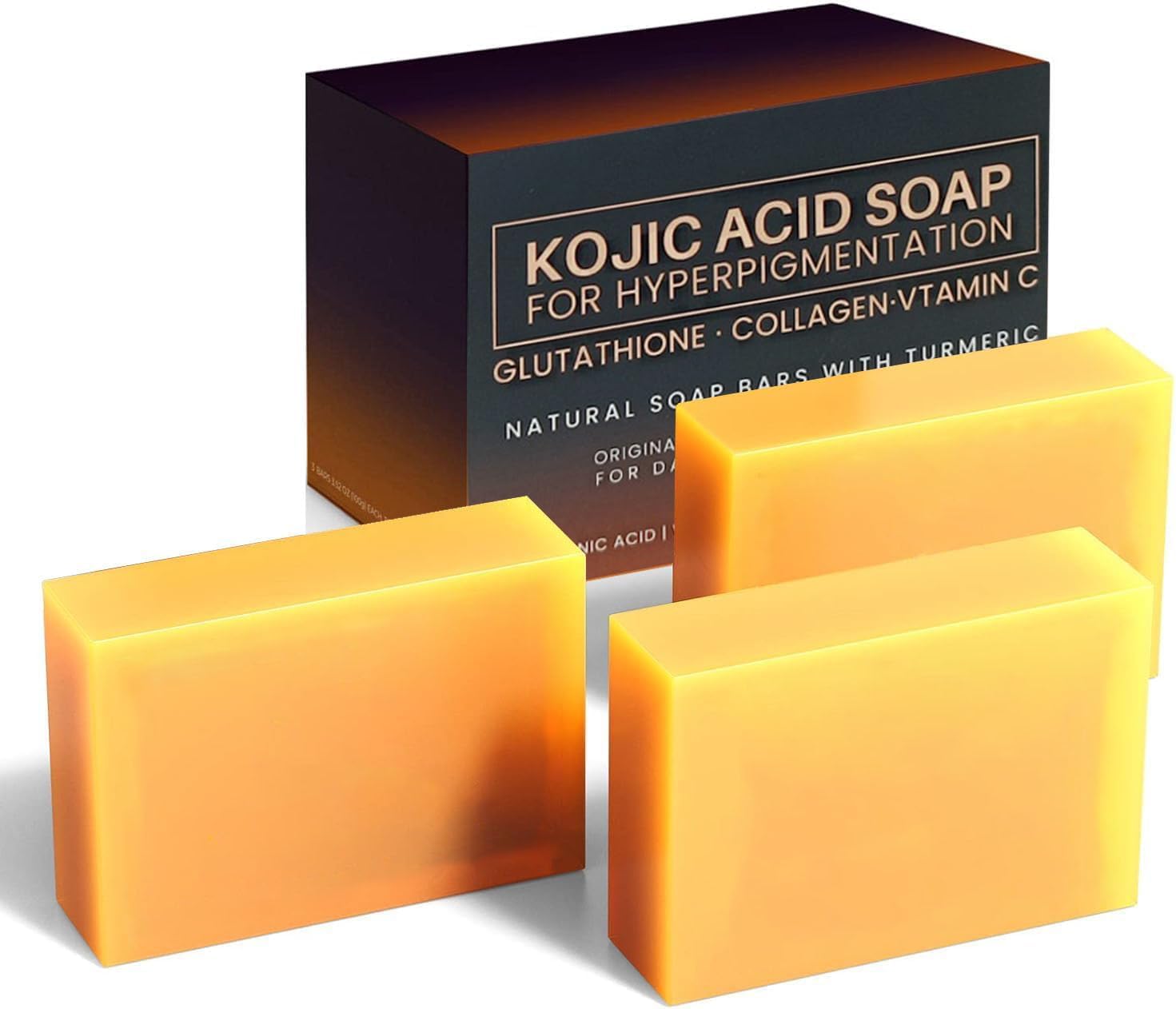 Koeay Kojic Acid Turmeric Soap, 3 Pieces, 100g each, Dark Spot Remover for Face and Body, Moisturizing, Even Skin Tone, Vitamin C, Acne and Blackheads Remover