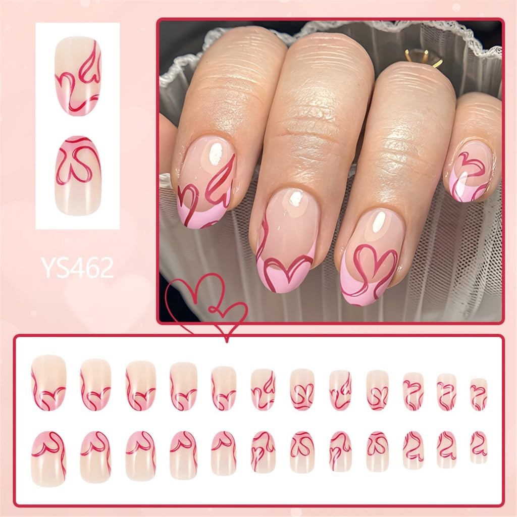 24x Short Almond False Nails French Tip Full Covers Stick on Nails Glossy Artificial Nails Valentines Day