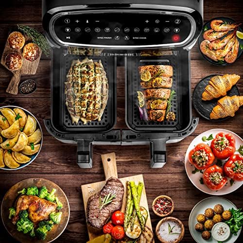 Duronic AF24 Airfryer XXL 9 l dwie komory 2x 4,5l 10 zdefiniowanych programów | frytkownica XXL beztłuszczowa podwójna | na gorące powietrze piekarnik | dwa kosze | zakres temperatur 50-200 stopni