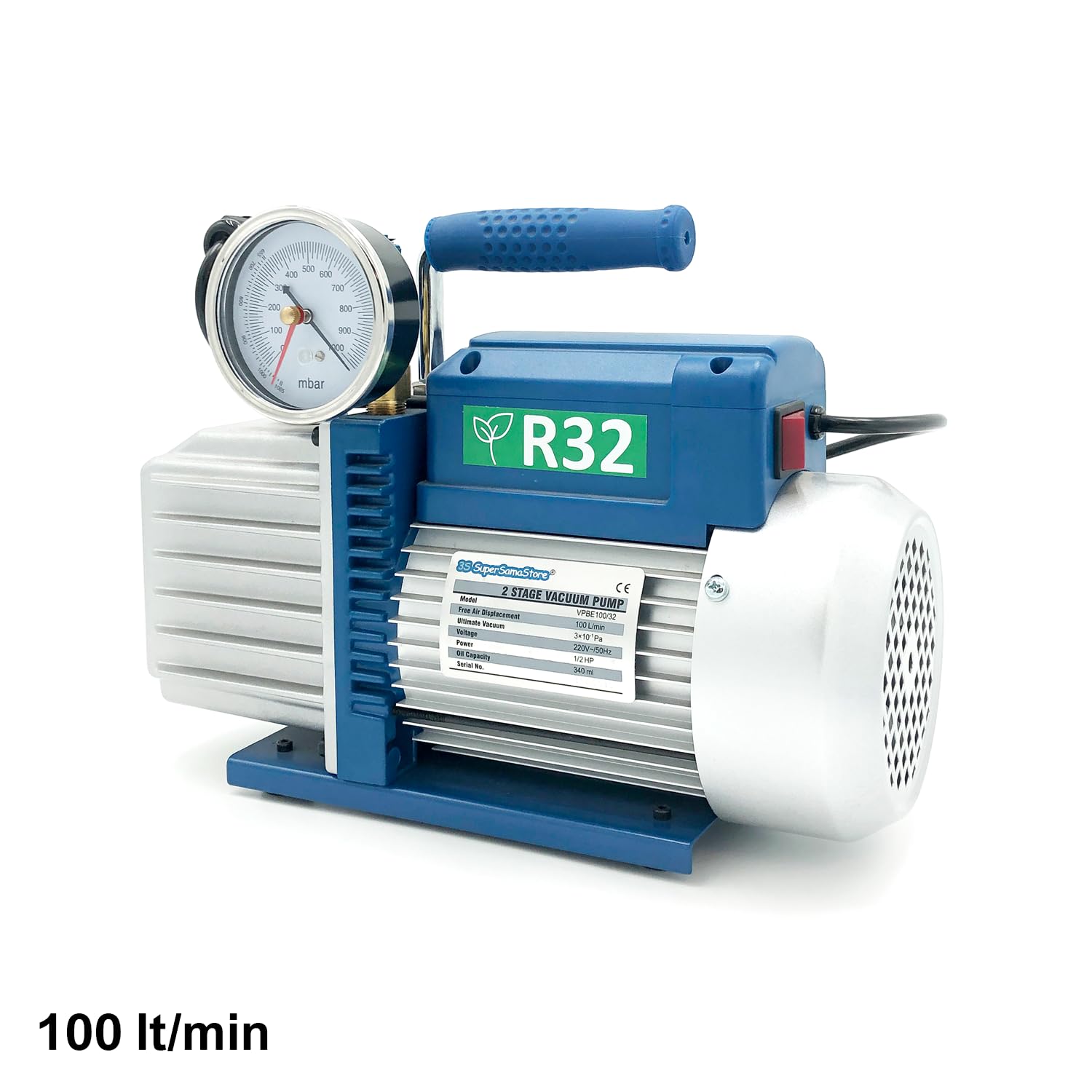 3S SuperSamaStore Pompa Vuoto Bistadio 100 Lt/Min con Elettrovalvola e Vacuometro, Pompa Vuoto Professionale Omologata per Gas R32