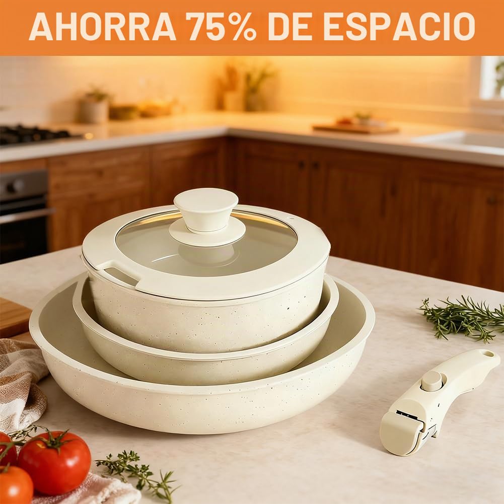 Juego de ollas de cerámica de 16/18/20 cm con mango extraíble y tapa 3 en 1, olla antiadherente de inducción para todo tipo de cocinas, apta para horno, apta para lavavajillas, juego de ollas que