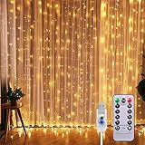 Juego de luces navideñas para decoración con largo de 20m, control remoto y también por app Cortina de Luces LED con Gancho, 3mx3m 300LEDS Impermeable Iluminación, 8 Modos de Luces con Control Remoto, Cadena de...