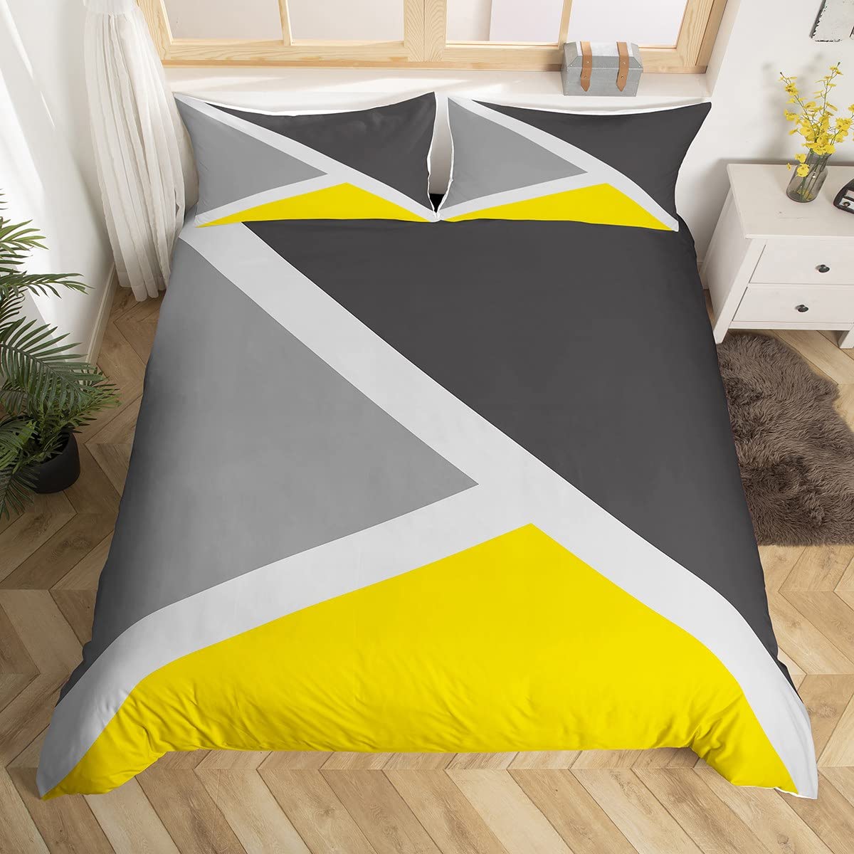 Homewish Grey and Yellow Single Duvet Cover Set with 1 Pillowcase - Single Size, 100% Soft & Breathable Polyester, Zip Closure - Geometric Triangle Bedding - Modern Simple Pattern with Black Reverse
