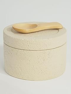Concrete Salt Cellar with Lid and Wood Spoon,Large Salt Box Container for Coutertop Organizer and Morden Elegant Kitchen Decor,Heavy Duty&Waterproof-4" W (Beige)