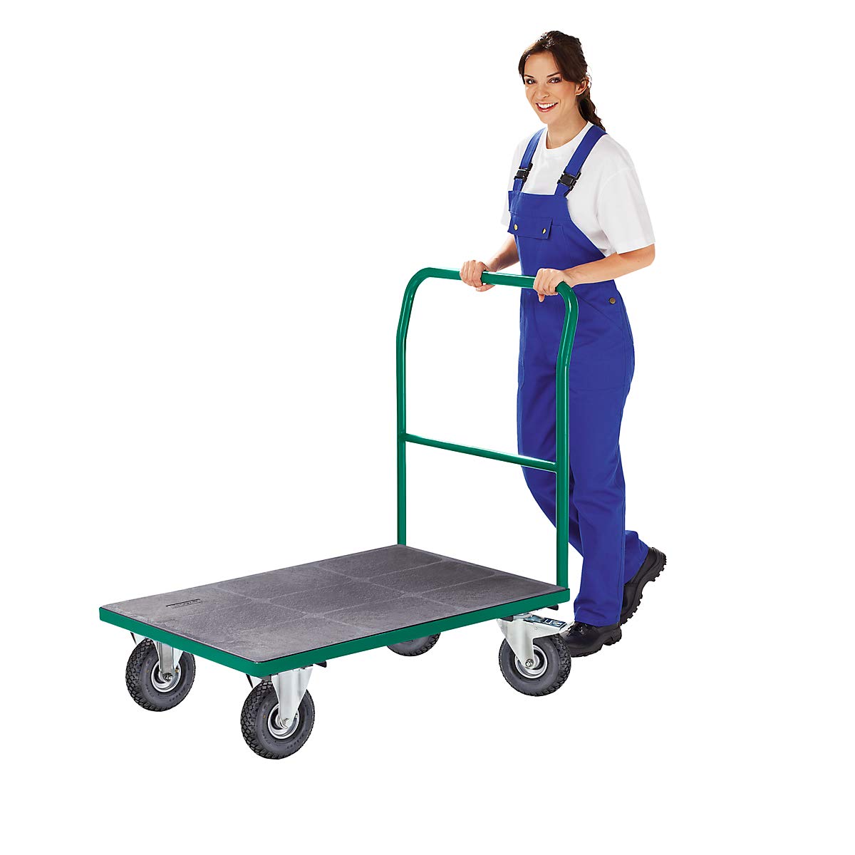 eurokraft pro | Plattformwagen | Rohrschiebebügel, Luftreifen, LxB 1250 x 800 mm, lichtblau