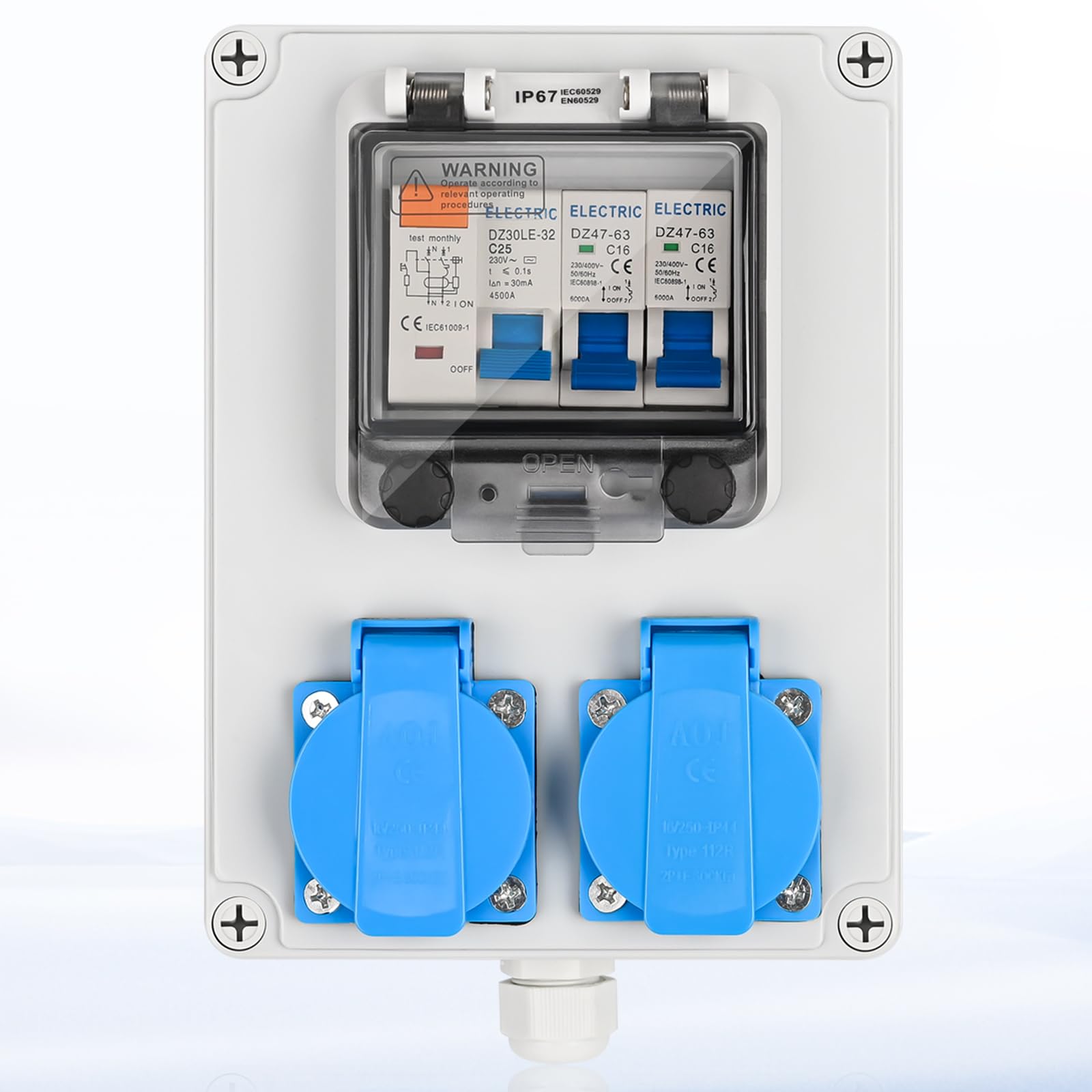 Warmfay Quadro di distribuzione per cantieri Precablato, distributore di corrente, 2x 230V prese Schuko, quadro elettrico a parete con 1x interruttore FI 25A + 2x interruttori LS 16A 1P, IP67