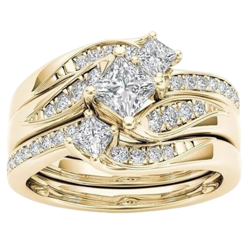 ENDLESSNESS & ETERNITY 3 in 1 Brial Wedding Band Ring Set CZ Cubic Zirconia 14K Gold Plated Engagement Ring Promise Band Ring