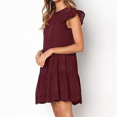 Vista 8 de Kkauae Vestido de moda para mujer, casual, con volantes, cuello redondo, fruncido, acampanado