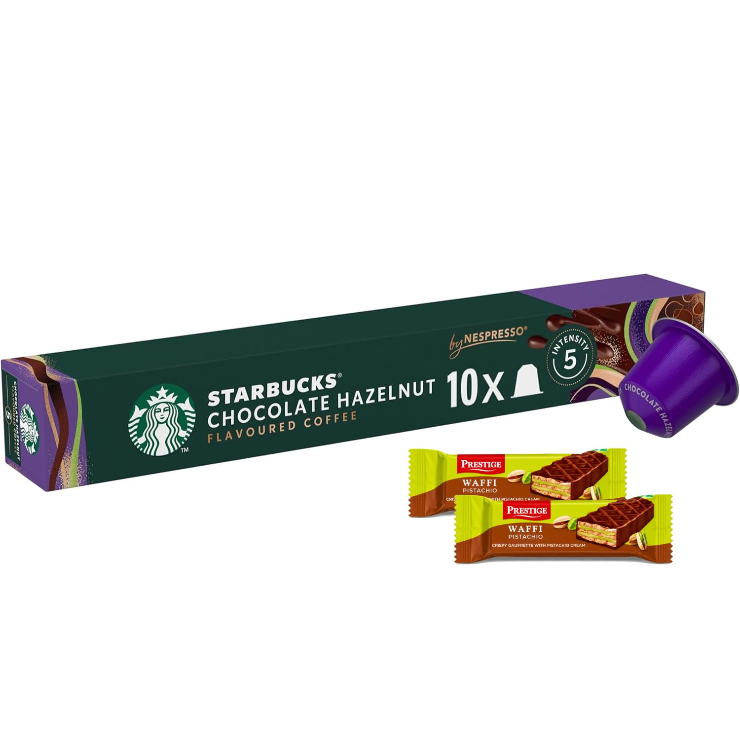 STARBUCKS - Chocolate Hazelnut Flavoured Coffee Capsules (51g, 10 Pods) By COUGAR | Smooth Medium Roast Coffee Compatible With Nespresso Original Machines | FREE 2 Prestige Waffi Pistachio Wafer Bars – (Imported-UK)-picture-11