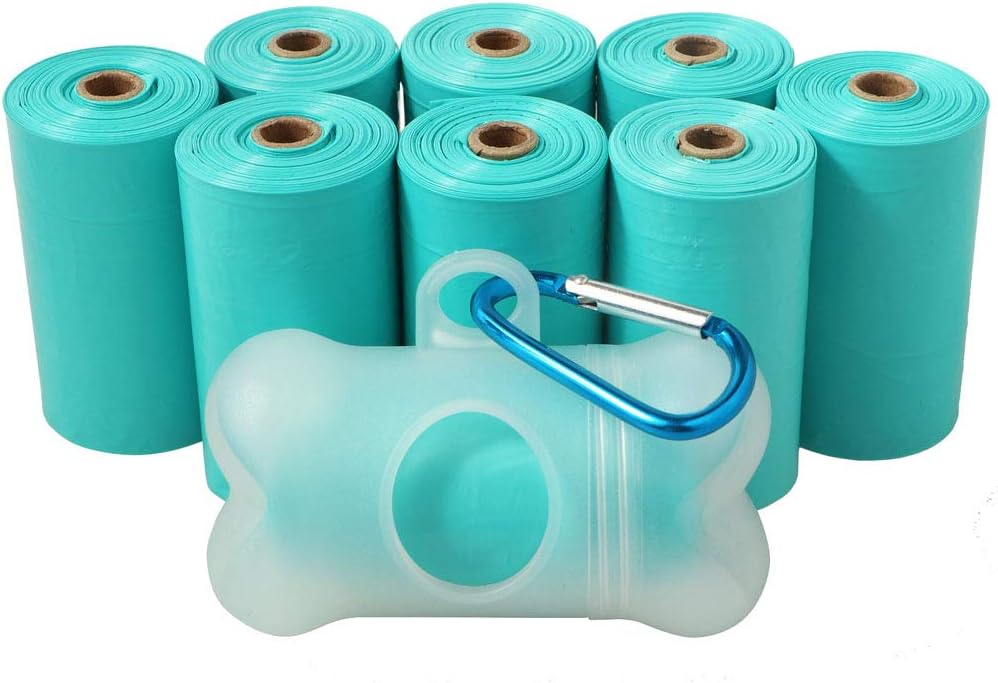 POQOD Dog Poop Bags - Leak-Proof Dog Waste Bags, Clean up Pet Poo Bag Refills 9 Rolls /135 Count, (Greenish-Blue) Includes Free Bone Dispenser and D-Ring Carabiners Clip