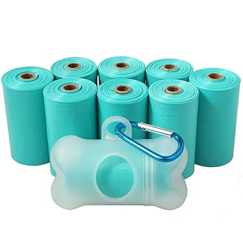 POQOD Pet Waste Bags - Leak-Proof Dog Waste Bags, Clean up Poop Bag Refills (10 Rolls / 150 Count, Greenish-Blue) Includes Free Bone Dispenser and Leash Clip