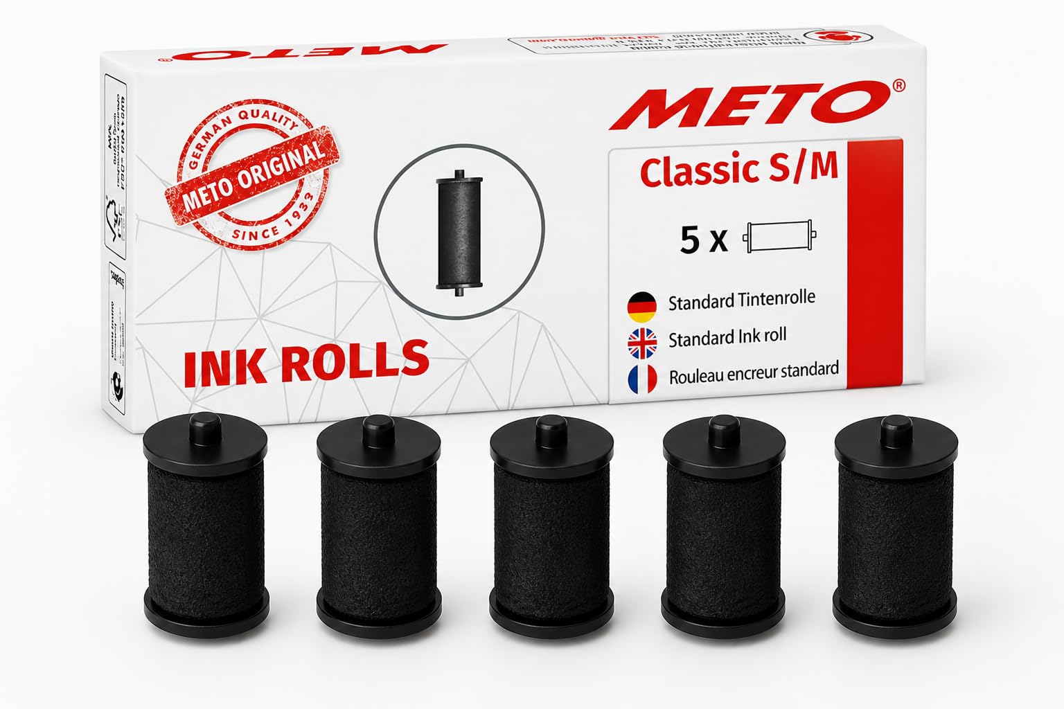 Pokornys 5 rollos de pintura originales Meto para Classic S & M/ProLine S & M – 9506060 – Ruedas de repuesto para 26 x 12 y 26 x 16 mm – Incluye instrucciones – Fabricado en Alemania – Negro